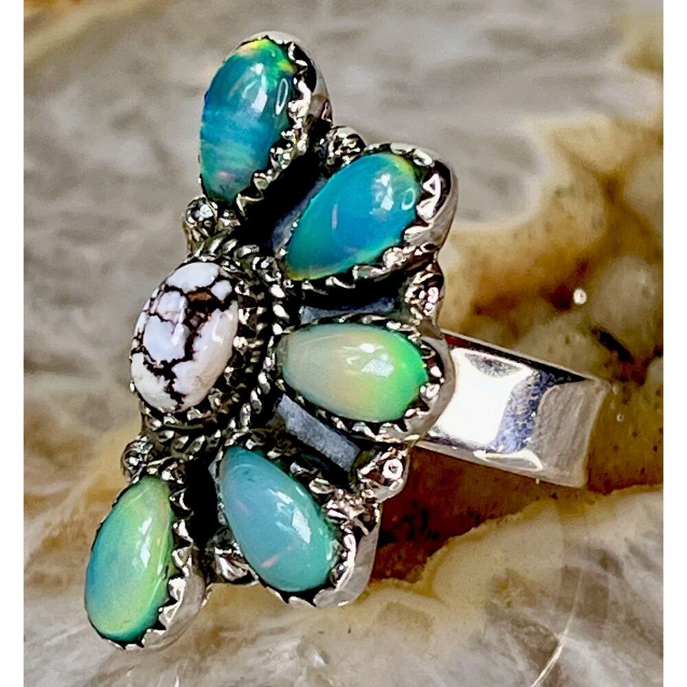 Balloon Opal Wild Horse Turquoise Sterling Cluster Ring Adjust Southwestern 925 - Picture 6 of 15